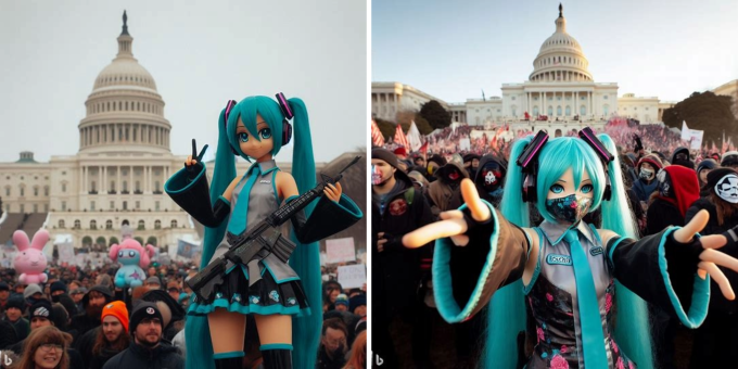 AI-generated images of Hatsune Miku in front of the U.S. Capitol during the Jan. 6 insurrection.