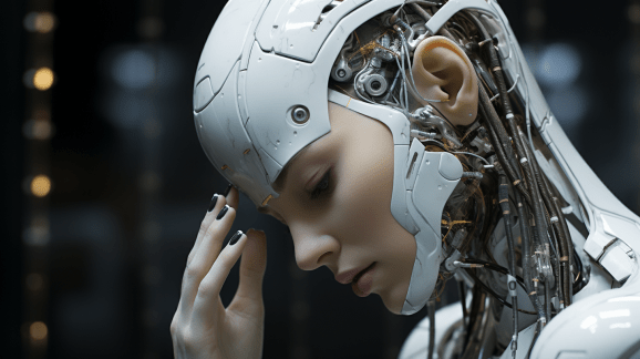 A feminine presenting humanoid robot with white helmet facepalms.